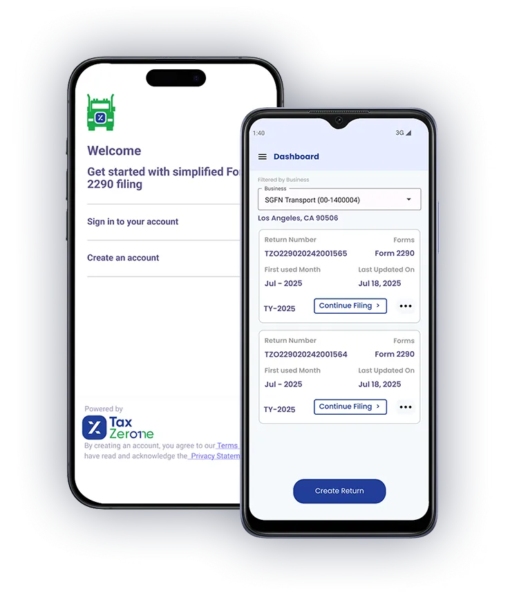 Get the TaxZerone 2290 App - Available on Android, iPhone, and iPad.