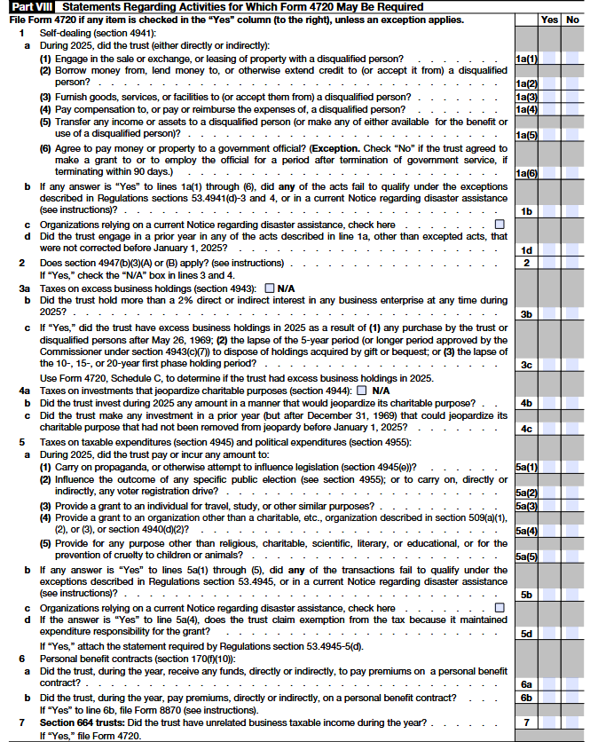 Form 5227 Part VIII: Statements Regarding Activities that may require filing Form 4720