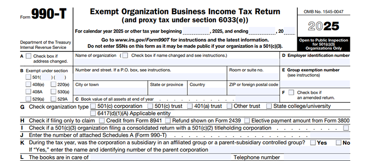 The following information is required to complete and file IRS Form 990-T: