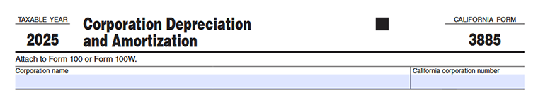 California Form FTB 3885 header area requiring corporation legal name and California corporation number.