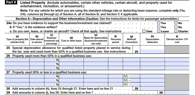 Form 4562 Depreciation and Amortization Part V-Listed Property Line24 - Line29