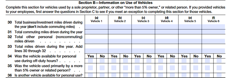 Form 4562 Depreciation and Amortization Part V-Listed Property Section-B Line30 - Line36