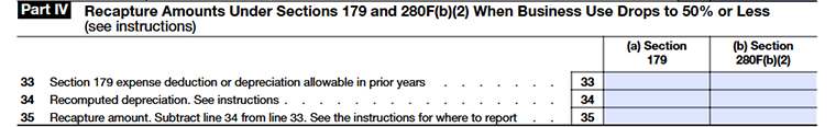 Form 4797 Part IV showing recapture amounts when business use of Section 179 or listed property falls below 50%.