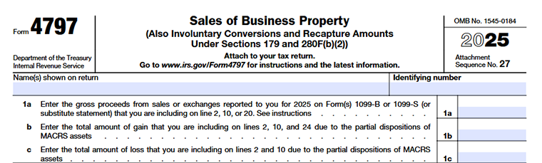 Form 4797 Sales of Business Property Line 1a to Line 1c