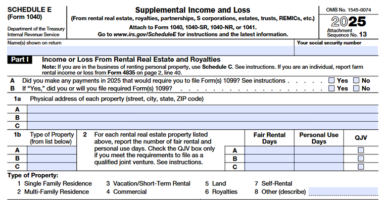 Part I: Income or Loss from Rental Real Estate and Royalties