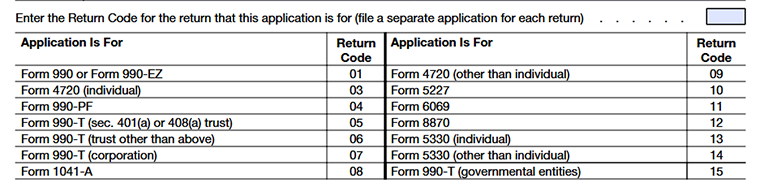 Enter the applicable Form 8868 return code