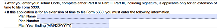 File Form 5330: Plan Name, Plan Number, Plan year Ending