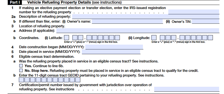 Schedule A (Form 8911) Part I - Vehicle Refueling Property Details Line 1 - Line 7
