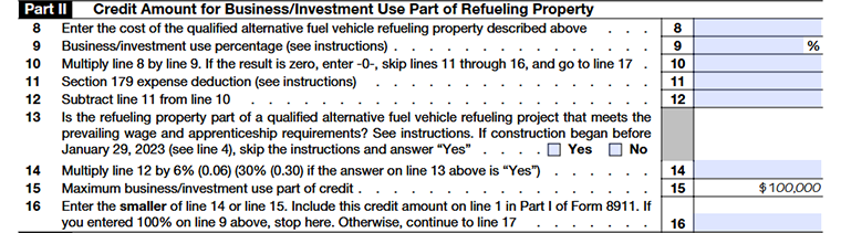 Schedule A (Form 8911) Part II - Credit Amount for Business/Investment Use Part of Refueling Property Line 8 - Line 16