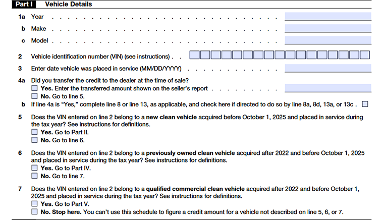 Schedule A (Form 8936) Part I - Vehicle Details Line 1a to Line 7