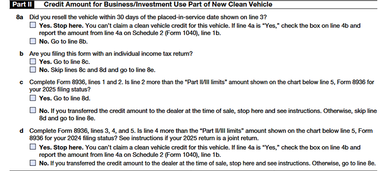 Schedule A (Form 8936) Part II - Credit Amount for Business/Investment Use Part of New Clean Vehicle Line 8a to Line 8d