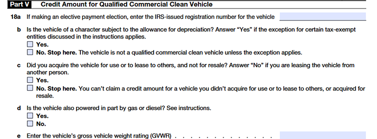 Schedule A (Form 8936) Part V - Credit Amount for Qualified Commercial Clean Vehicle  Line 18a to Line 18e