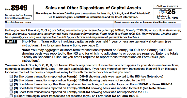  Form 8949 showing Part I short-term transaction boxes A-I and Schedule D filing instructions.