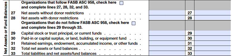 Form 990 Part X Lines 27–33 net assets and fund balances