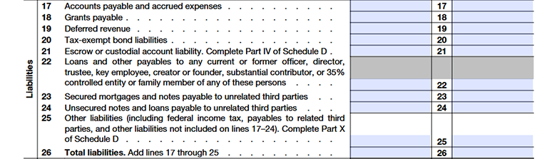 Form 990 Part X, Lines 17–26 showing the organization’s liabilities