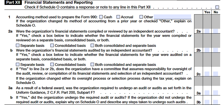 Form 990 Part XII, Lines 1–3b covering financial statements, audits & reporting requirements 