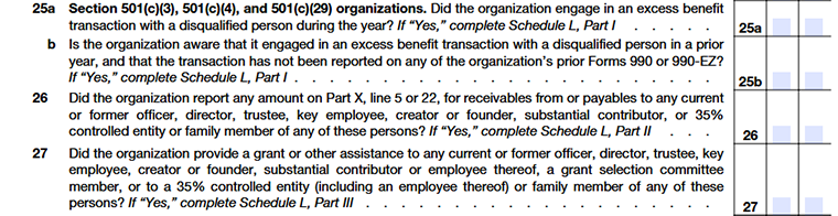 Form 990 Part IV Lines 25–27 related-party & excess benefit transaction disclosures