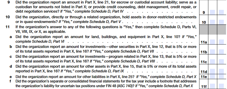 Form 990 Part IV Lines 9–11f asset, liability, and endowment disclosure questions