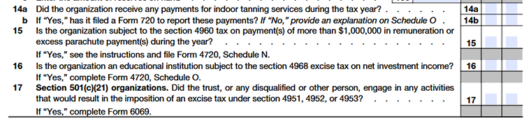 Form 990 Part V Lines 14–17 excise tax and reporting questions