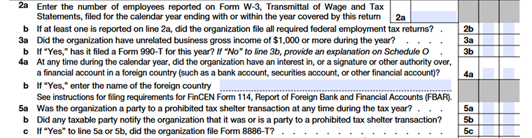 Form 990 Part V Lines 2a–5c employee, business, and foreign account reporting