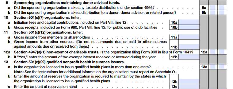 Form 990 Part V Lines 9–13c DAFs, clubs, charitable trusts, and health insurance issuer reporting