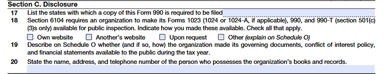 Form 990 Part VI Lines 17–20 public disclosure & recordkeeping