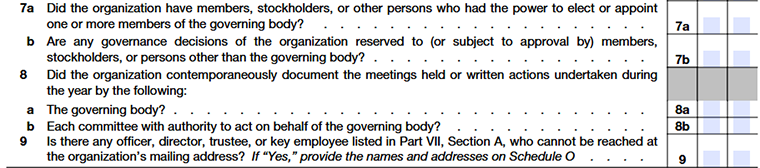Form 990 Part VI Lines 7–9 governance and official contact information