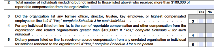 Form 990 Part VII Lines 2–5 high-compensation reporting and Schedule J requirements