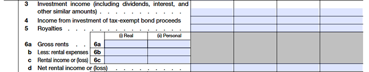 Form 990 Part VIII Lines 3–6d investment, royalties & rental income