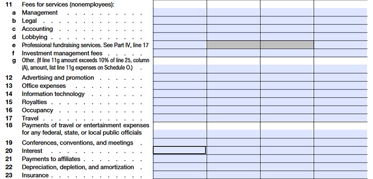 Form 990 Part IX Lines 11–23 itemized functional expenses
