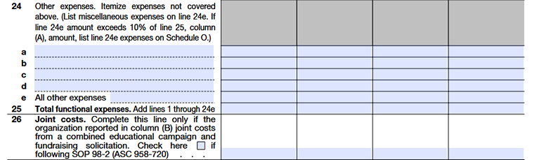 Form 990 Part IX Lines 24–26 other expenses, total functional expenses & joint costs