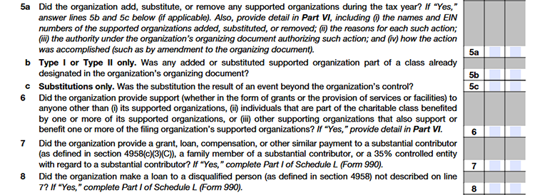 Form 990 Schedule A Part IV. Supporting Organizations Section A. All Supporting Organizations line 5 to line 8
