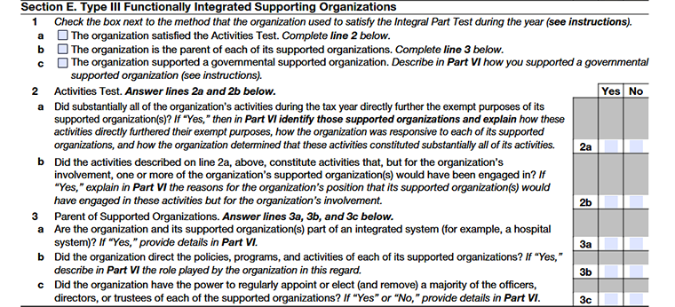 Form 990 Schedule A Section E. Type III Functionally Integrated Supporting Organizations Line 1 to Line 3