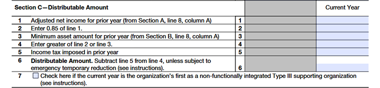 Form 990 Schedule A Part V. Type III Non-Functionally Integrated 509(a)(3) Supporting Organizations Section C. Distributable Amount