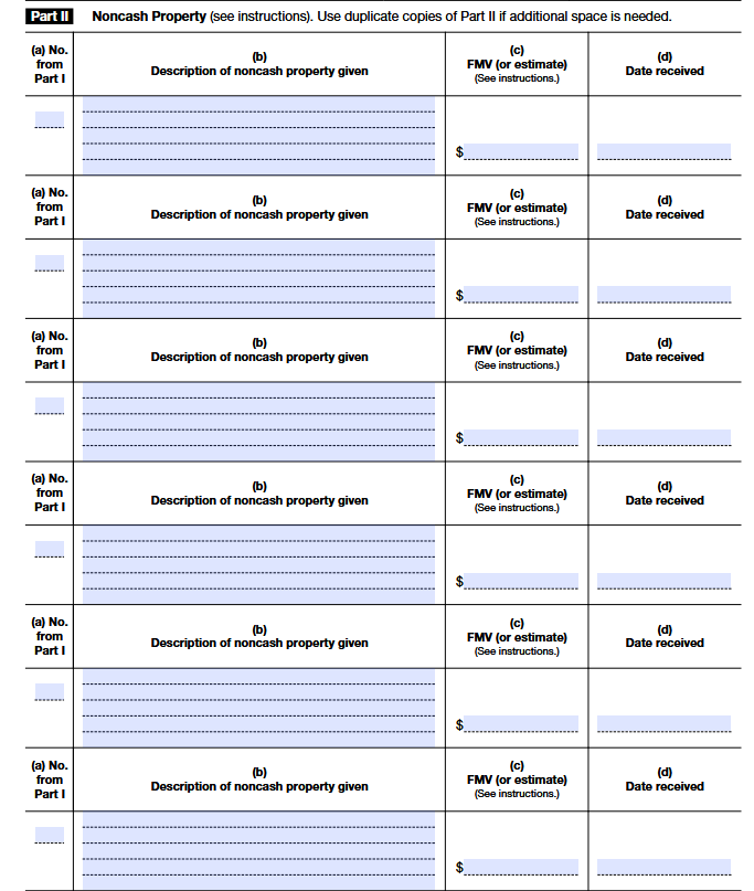 Form 990 Schedule B Part II showing noncash property contributions