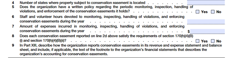 Form 990 Schedule D Part II showing lines 4–9, where organizations report details about conservation easements and related documentation.