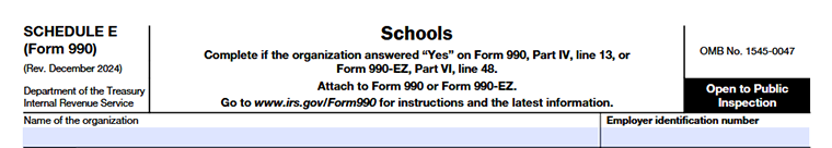 Form 990 Schedule E showing organization details and basic information
