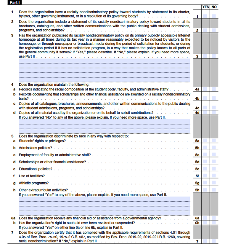Form 990 Schedule E Part I racial nondiscrimination policy reporting for educational organizations