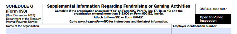 Form 990 Schedule G showing organization details and basic information