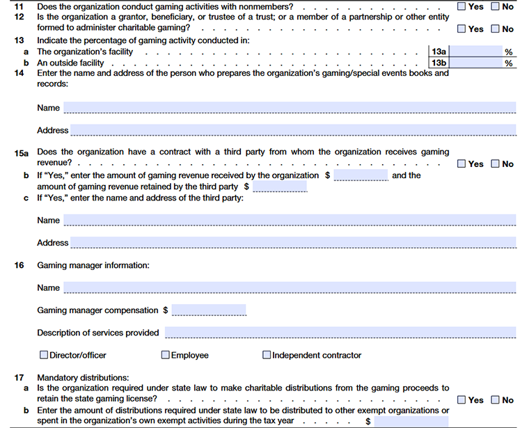 Form 990 Schedule G - Part III: Details of Gaming Activities line 1-17