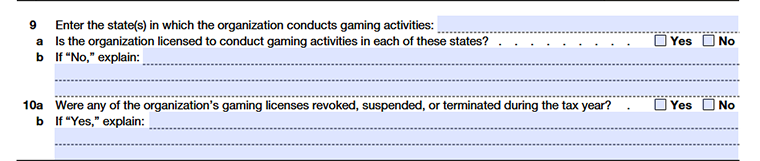 Form 990 Schedule G, shows gaming revenue over $15,000 and the related expenses reported by the organization (lines 9–10).
