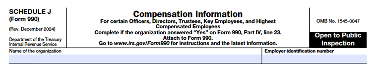 Form 990 Schedule J showing organization details and basic information