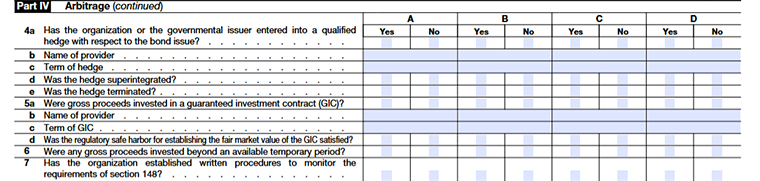 Form 990 Schedule K – Part IV: Arbitrage compliance and related calculations.