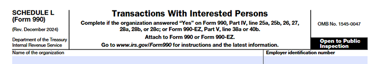 Form 990 Schedule L showing organization details and basic information