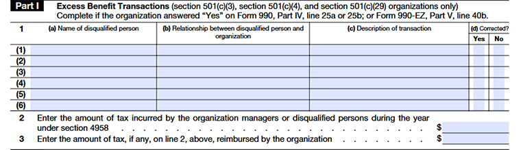 Form 990 Schedule L Part I: Excess benefit transactions