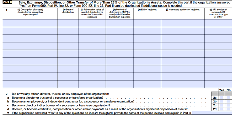 Form 990 Schedule N – Part II: Sale or transfer of more than 25% of organizational assets.
