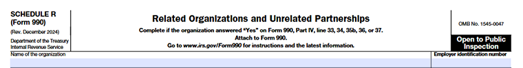 Form 990 Schedule R showing organization details and basic information