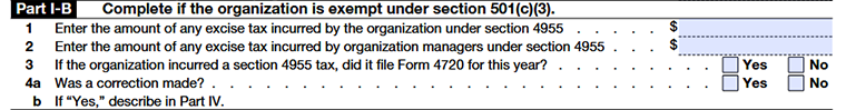 Form 990 Schedule C Part I-B showing details for organizations exempt under section 501(c)(3)