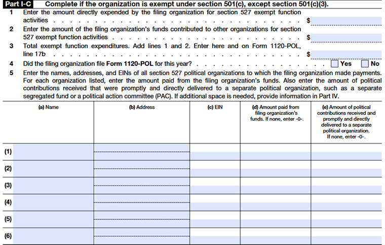 Form 990 Schedule C Part I-C for organizations exempt under section 501(c), except section 501(c)(3)