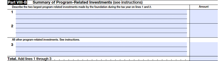 Form 990-PF Part VIII-B summarizing the foundation’s program-related investments made to support its charitable purposes